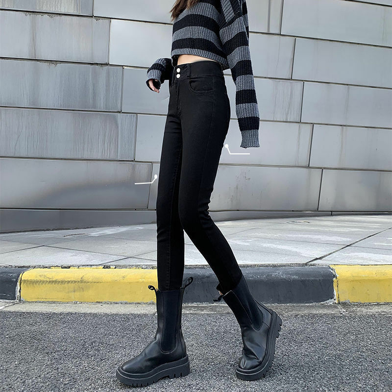 Mulher moda jeans magros feminino retro estiramento de cintura alta elástico lápis denim calças senhoras outono casual denim calças g26