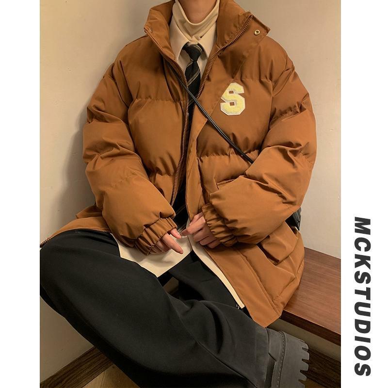 Jaqueta acolchoada de algodão masculina, bordada, roupa de pão espesso, macacão solto, retrô, gola alta qualidade, estilo Hong Kong, inverno