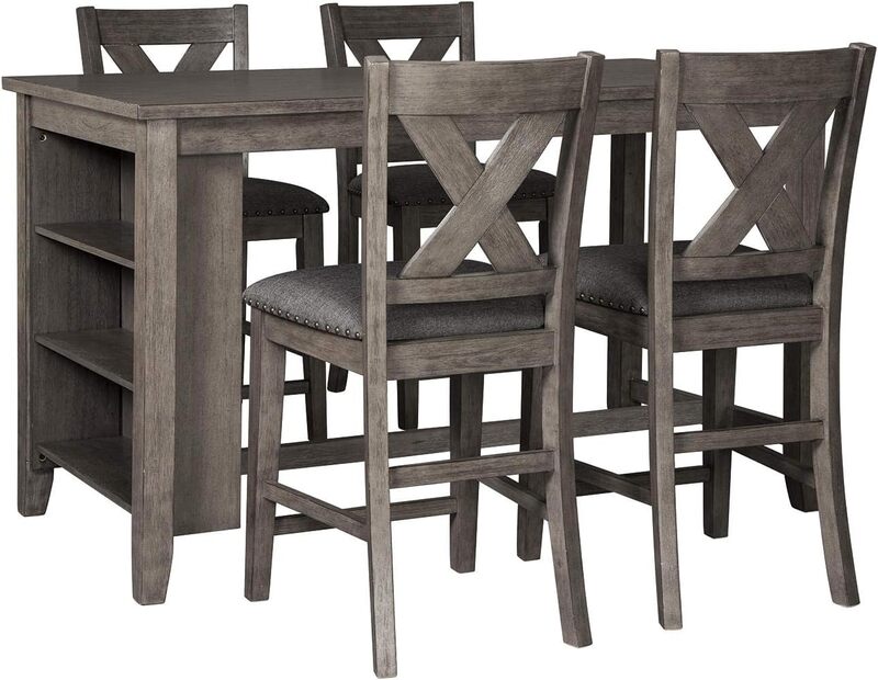 Mesa de comedor rústica de altura con almacenamiento, diseño de firma de Ashley Caitbrook, color gris oscuro