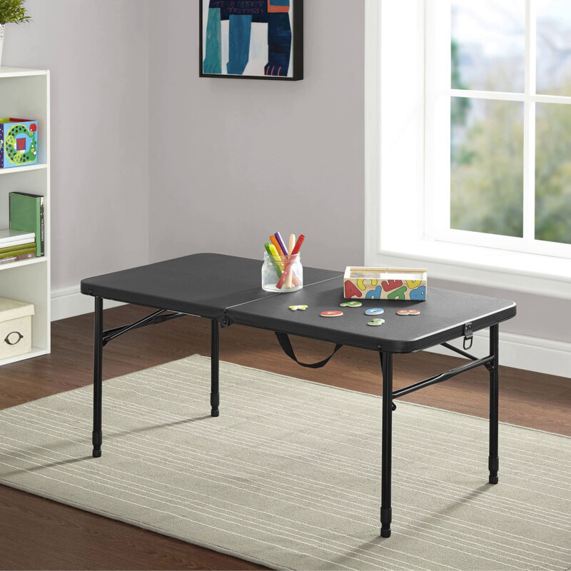 Mainstays 40"L x 20"W Plastic Adjustable Height Fold-in-Half Folding Table, Rich Black