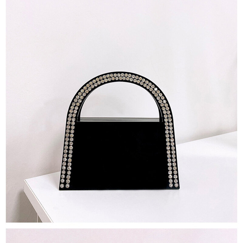 Tas genggam hitam akrilik wanita, tas dompet malam kotak akrilik berlian imitasi untuk pesta pernikahan, dompet dan tas tangan desainer mewah pegangan setengah bundar