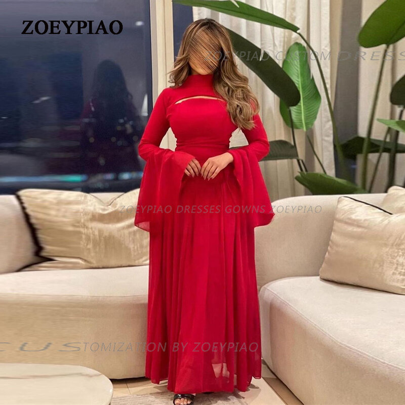 Женское шифоновое вечернее платье, красное ТРАПЕЦИЕВИДНОЕ ПЛАТЬЕ с длинными рукавами и высоким воротом, индивидуальное арабское официальное платье для выпускного вечера, 2024