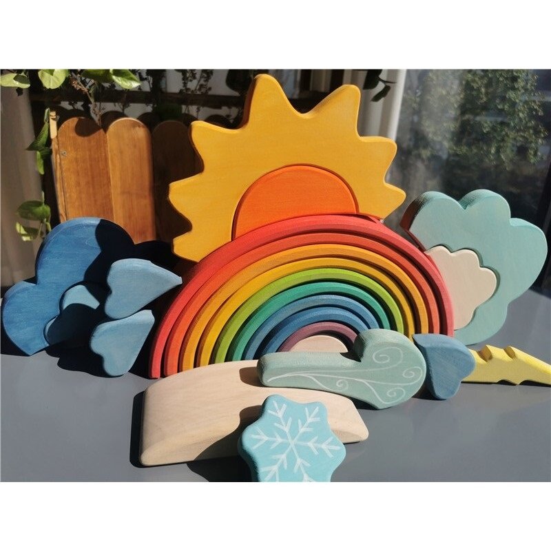 Costruzione di legno che impila i blocchi dell'arcobaleno nuvola creativa del sole della neve della nuvola del tempo per il giocattolo educativo dei bambini
