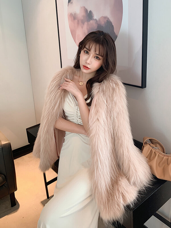 Encrypted New Style Raccoon Fur Woven Fur Coat Women's Mid-Length Haining Fur Coat Autumn and Winter Young