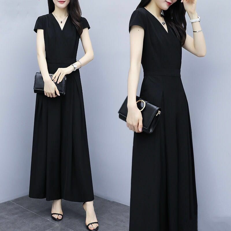 Loose Casual V-neck Waistband Jumpsuit with a Slimming Temperament High Waist Wide Leg Pants Elegant Women's Summer Clothing