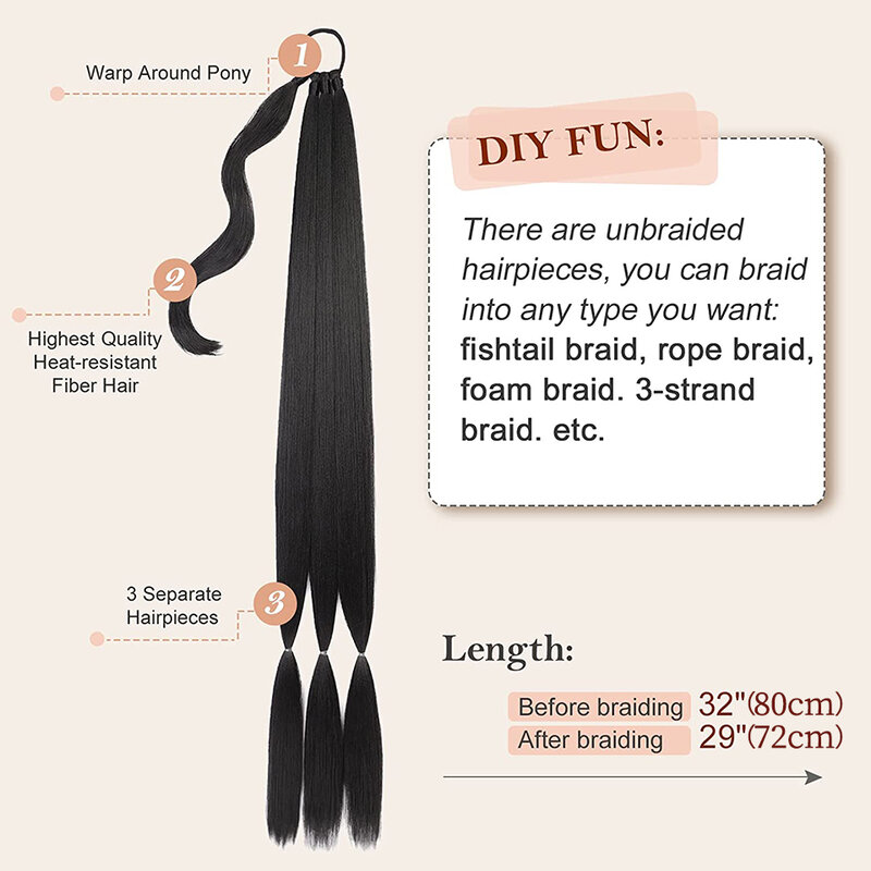 HAIRCUBE 32inch Synthetic Braided Ponytail Extensions Black Long Pony Tail With Rubber Band Daily Natural Hairpieces for Women