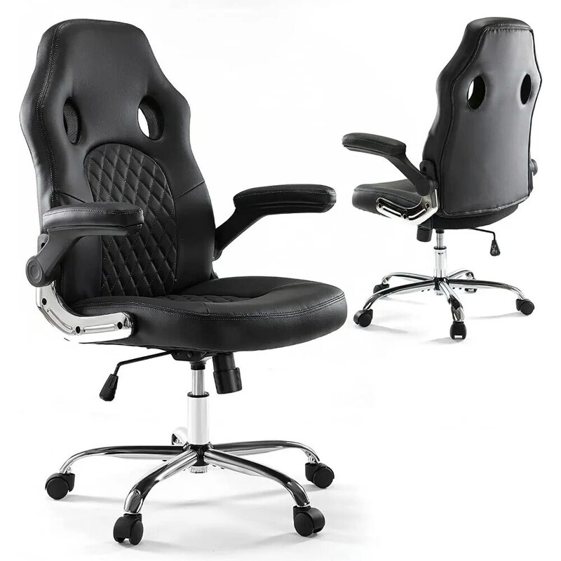 PU couro ergonômico Racing Desk Chair, altura ajustável, Mid Back Task, apoio lombar, Flip Braço, Home Office