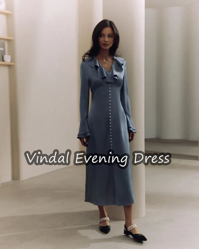 Vindal V-neck Formal Evening Dress Tea Length Crepe A-Line Elegant Ruffle Built-in Bra Saudi Arabia Long Sleeves For Woman 2024