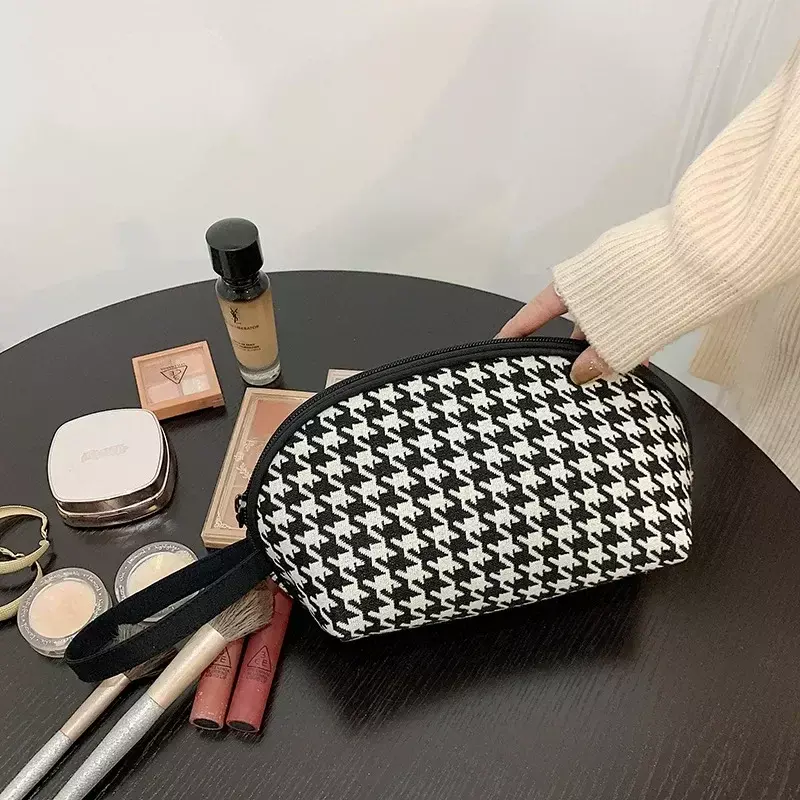 New Houndstooth Cosmetic Bag Fashion Swallow Gird Travel Storage Makeup Bag Women Classic Zipper Mini Casual Makeup Canvas Bag