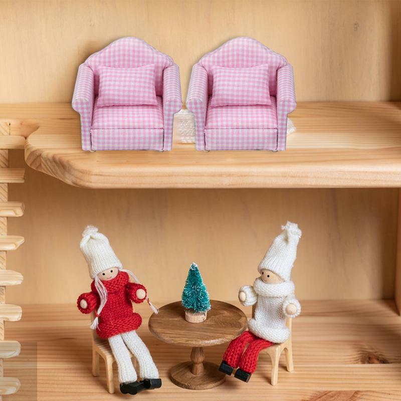 Sofá listrado em miniatura com travesseiro para Dollhouse, pequeno conjunto de sofá de tecido floral para crianças, fingir brincar, decoração DIY