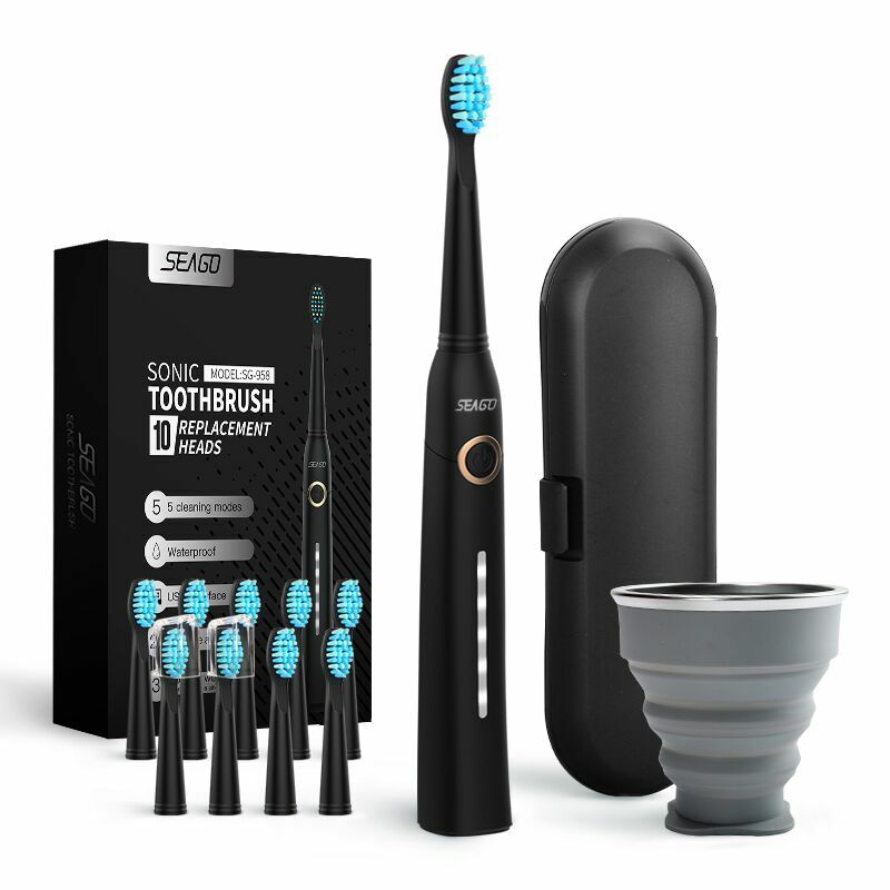 Seago-escova de dentes elétrica com estojo de viagem para adulto, recarregável usb, impermeável, ultrassônica, automática, modo 5