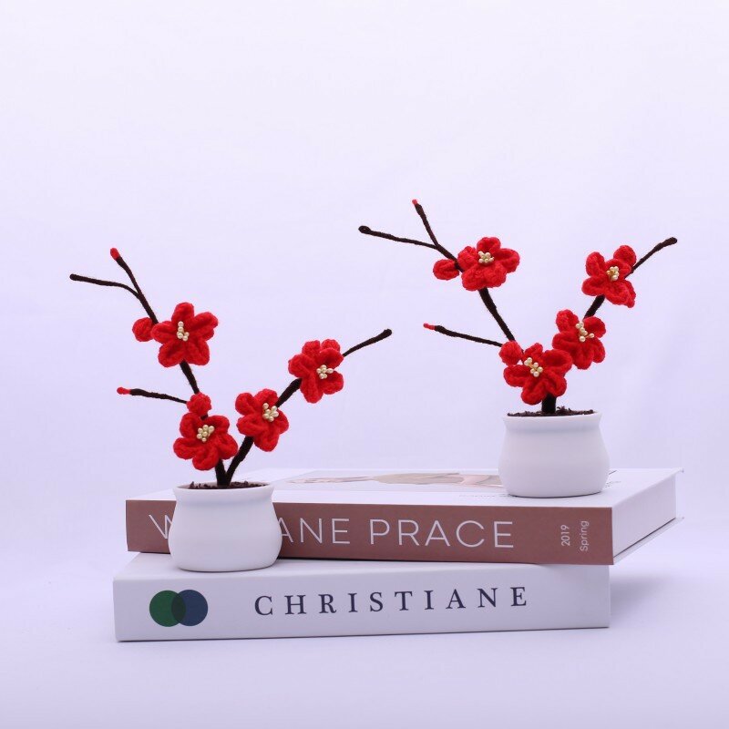 Ręcznie robiony szydełkowy kwiat śliwy symulacyjny Mini małe doniczkowe kwiat z wełny samochodu lub domu ozdoby do dekoracji prezenty świąteczne