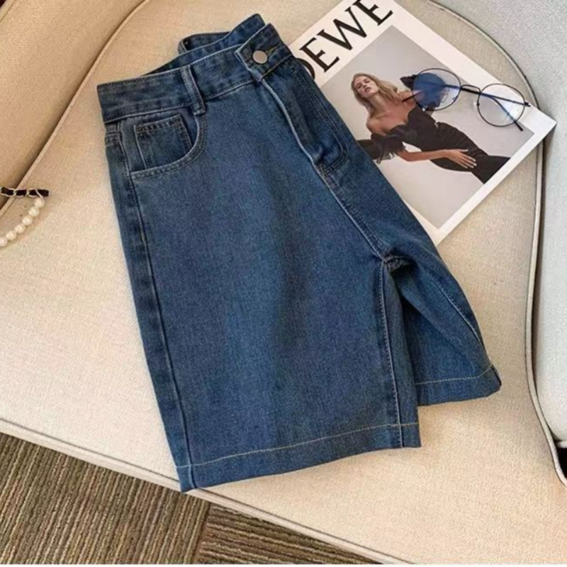 Shorts jeans vintage na altura do joelho para adolescentes e mulheres, design emendado, estilo de lazer solto, streetwear, rua alta, legal, nova moda