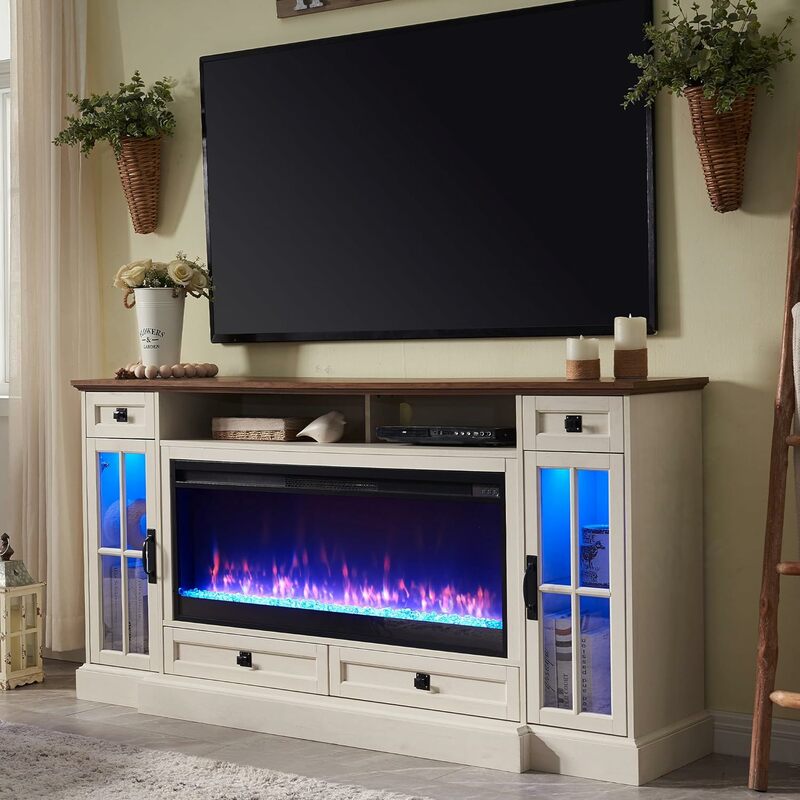 OKD-Lareira TV Stand para sala de estar, armário branco antigo, luzes LED, 80 na TV, 42 em