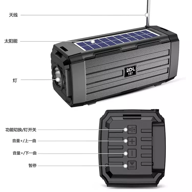 Outdoor Audio Draagbare Solar Opladen Radio Schuin Opknoping Sport Bluetooth Speaker Groot Volume