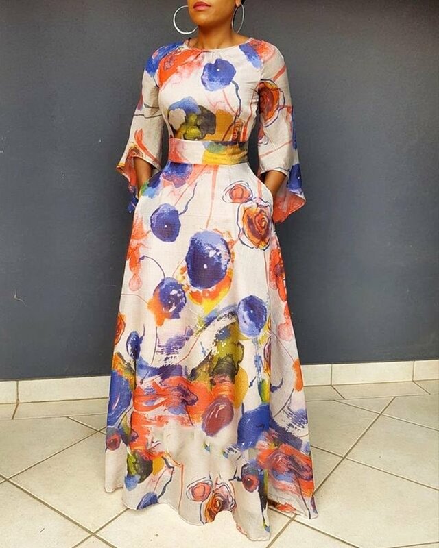 Elegantes vestidos dashiki africanos para mulheres, manga comprida, gola O, estampa de poliéster, roupas de outono, 2023