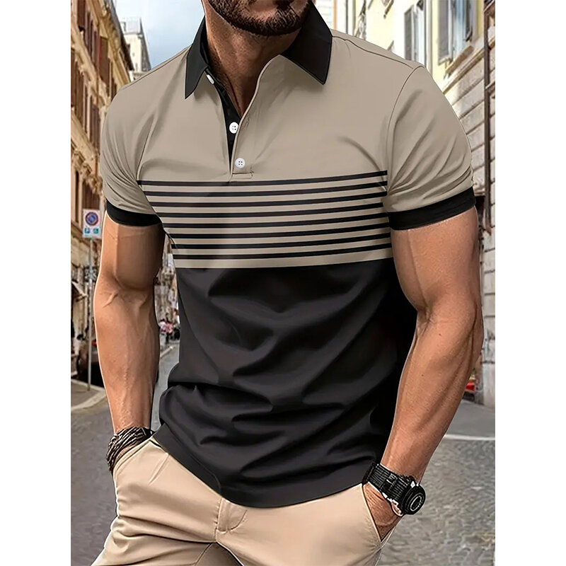 Camisa polo listrada de manga curta masculina, poloshan, lapela casual, moda