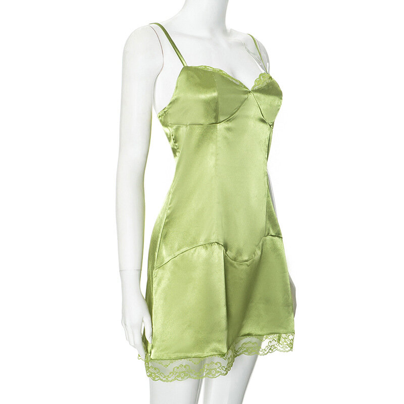 2024 gaun Mini renda model tambal sulam gaun hijau mode musim panas gaun pesta malam tali Spaghetti pakaian klub wanita gaun malam
