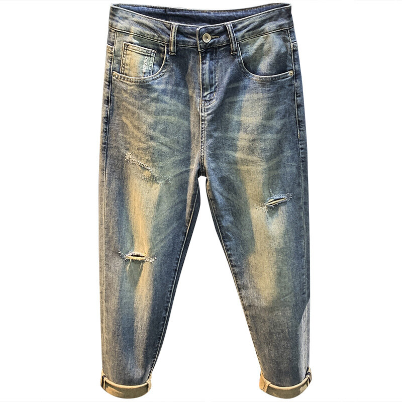 2024 Sommer dünne zerrissene Jeans Herren trend ige leicht lockere schlanke dünne Cut-Off Stretch Rüschen schöne Hose