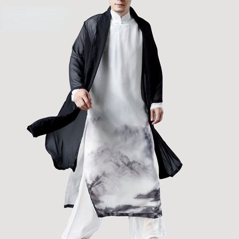 Chinese Style Summer Windbreaker Men's Thin Long Sun Protection Clothing Mid-length Ancient Style Cape Men's Loose Black Coat
