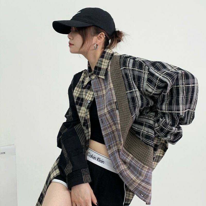 QWEEK Vintage patchworkowa koszula w kratę styl japoński bluzka damska w koreańskim stylu moda uliczna bluzka z długim rękawem Harajuku moda
