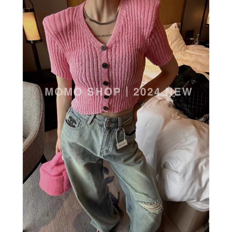2024 New Spring Korean Fashion Slim Fit Single breasted Pullover V-neck Short Sleeve Knitted Cardigan Women's Top Trendy