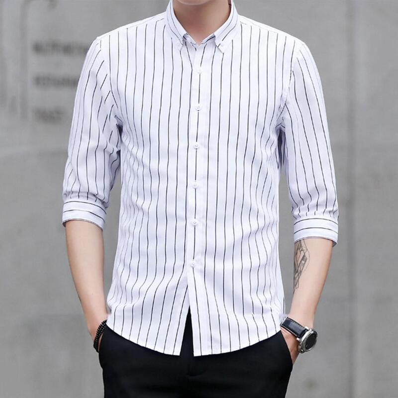 2023 New Slim camicia da uomo a righe coreane Classic Summer 3/4 Sleeve Fashion Casual Commuter monopetto polo Neck Top maschile