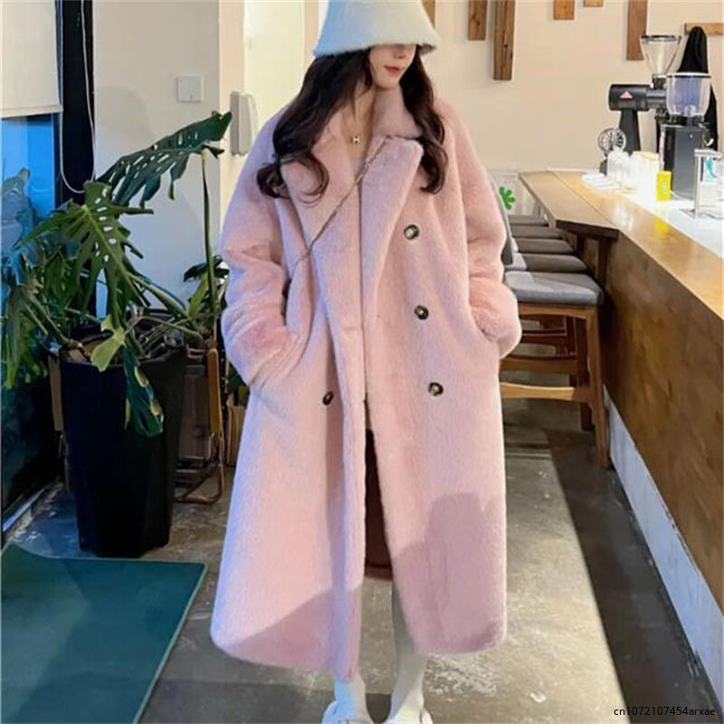 Elegante ispessimento imitazione visone velluto cappotto di pelliccia donna inverno scollo a v fibbia doppiopetto giacca rosa temperamento semplici top