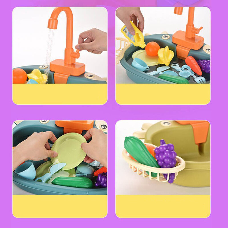 Crianças conjunto de brinquedos de cozinha crianças simulação jogar pia com frutas & utensílios de mesa brinquedos sistema de ciclo elétrico para água corrente