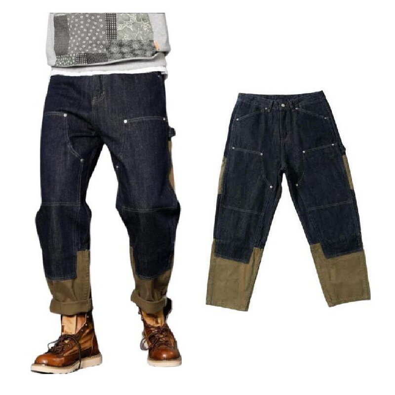 Herren-Soft jeans, Herren-Jeans mit lockerem, geradem Bein, Herbst-Winter-Patchwork hose mit mehreren Taschen