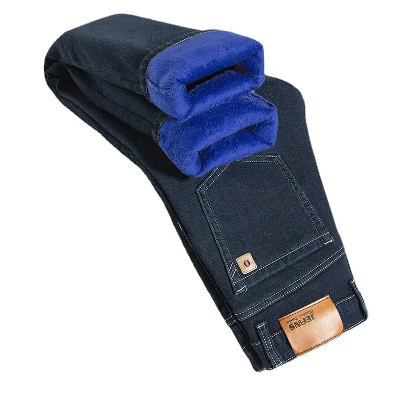 Celana panjang Jeans tebal hangat pria, bawahan bulu domba longgar regang lurus ukuran besar musim dingin 2024