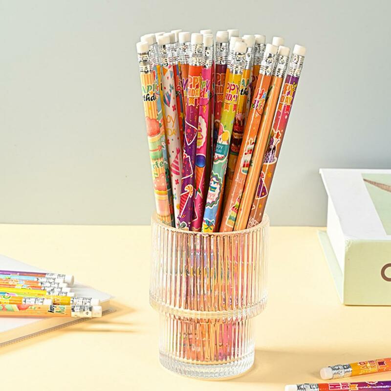 Lápis padrão bonito dos desenhos animados para crianças, Lápis professor, diversão, aniversário festivo, lápis de madeira com borrachas superiores, 24 pcs