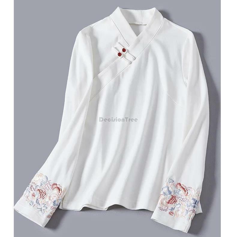 Blusa bordada estilo chinês para feminina, Hanfu retrô e melhorada, roupa íntima com colarinho diário, primavera e outono, S701, 2023