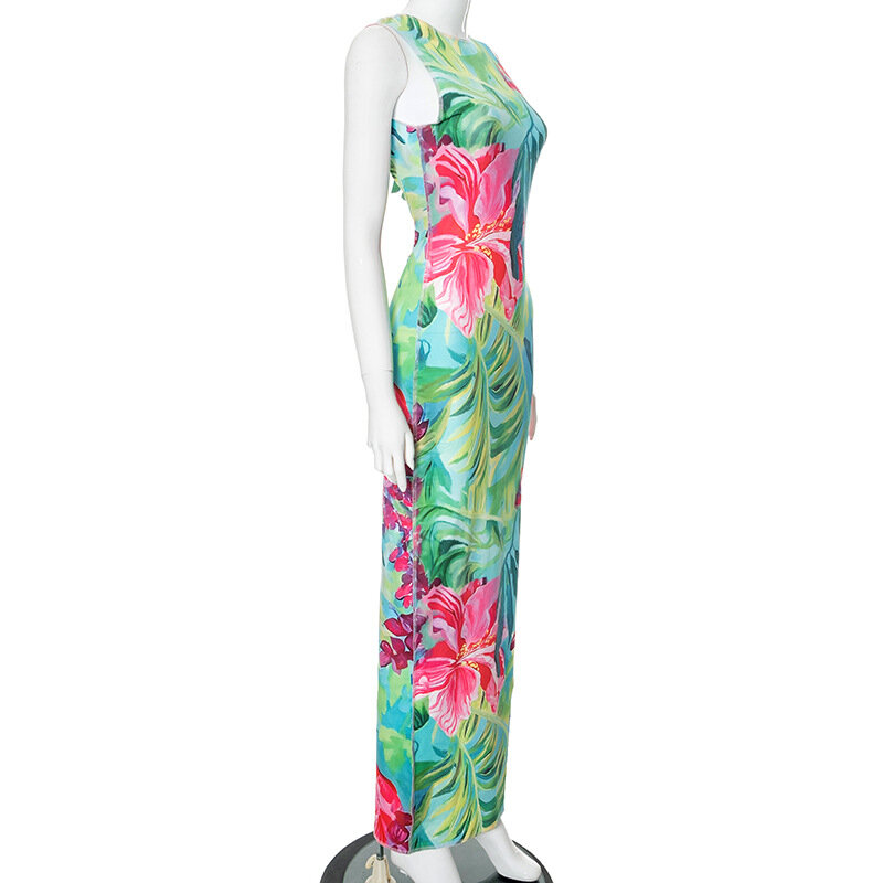 Женское длинное платье с цветочным принтом, элегантное облегающее Платье макси с круглым вырезом, летнее цельное платье с разрезом, облегающее праздничное платье