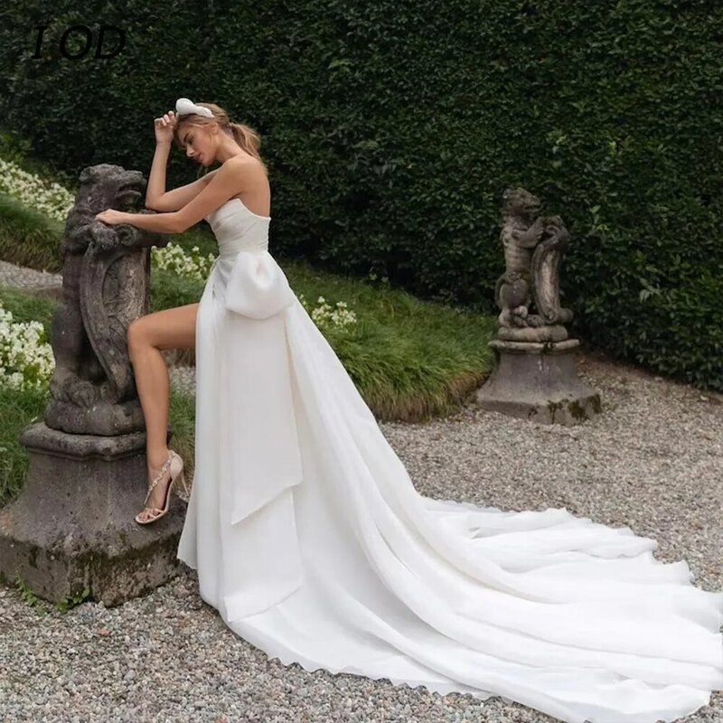 A linha vestido de noiva sem mangas, Vestido de noiva sem encosto, fenda lateral, plissado, até o chão, querida, sexy, simples, I OD