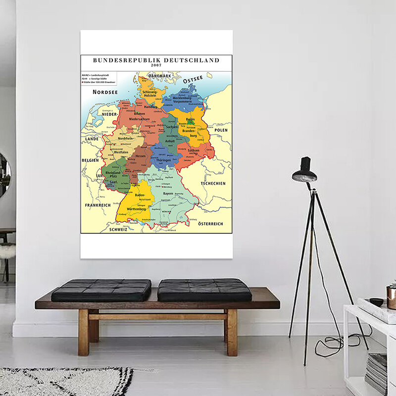 100*150ซม.เยอรมนี Administrative แผนที่เยอรมันภาพวาดผ้าใบ Unframed Wall Art โปสเตอร์ห้องนั่งเล่นตกแต่งบ้าน