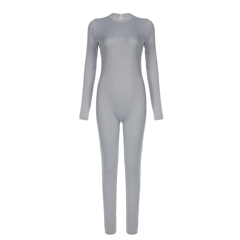Knitting Jumpsuit Solid High Elasticity Round Neck Tight Fitting Simplicity Female Rompers