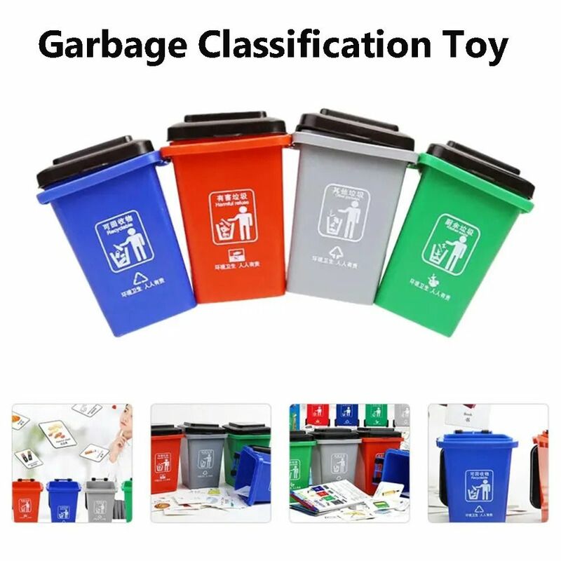 Juguete de clasificación de basura, 4 botes de basura, Mini juguetes, modelo de tarjetas de clasificación en miniatura, camión de basura, ayudas educativas