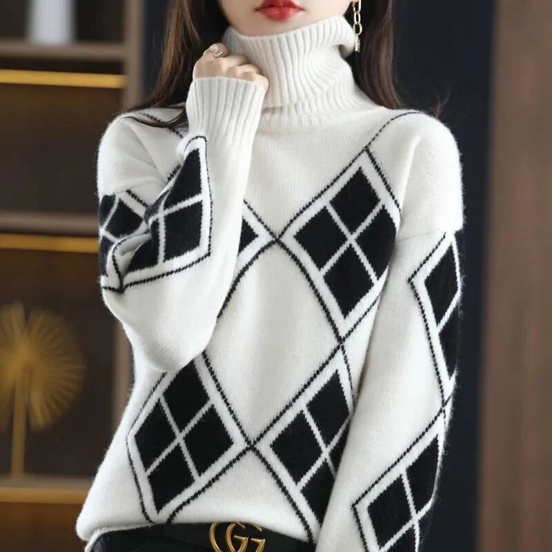 MODE Korea ถัก Spliced หลวมผู้หญิงเสื้อกันหนาวฤดูใบไม้ร่วงฤดูหนาว Casual Pullover Tops All-Match เสื้อสเวตเตอร์ผู้หญิง