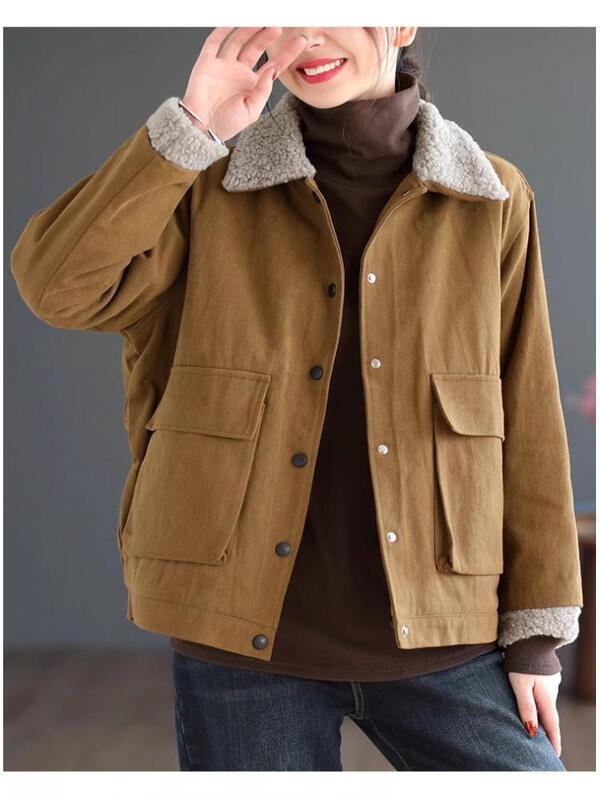 Женская однобортная флисовая куртка, винтажная свободная универсальная уличная куртка из плотного хлопка с лацканами из овечьей шерсти, Осень-зима
