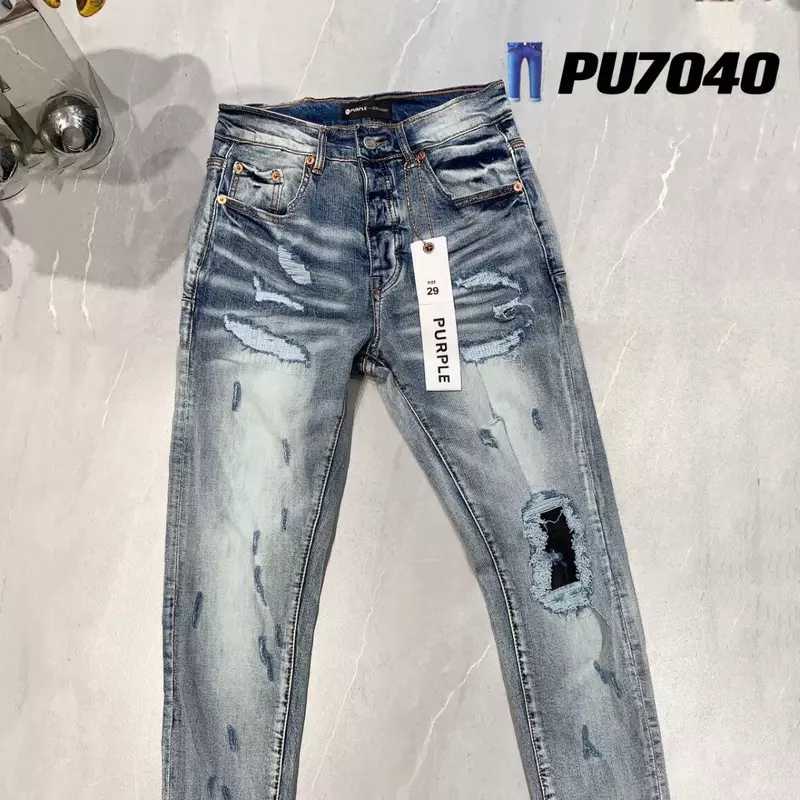 Fioletowe markowe dżinsy spodnie dżinsowe z modą wysokiej jakości naprawa niskie podwyższenie naszywki jeansowe 1:1 spodnie w rozmiarze 28-40