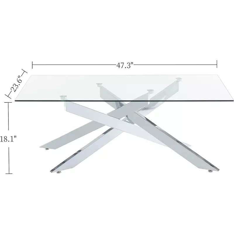 LISM Rectangle Modern Coffee Table, Tempered Glass Top and Metal Tubular Leg, 47.3”Lx23.6”Wx18.1”H, Silver