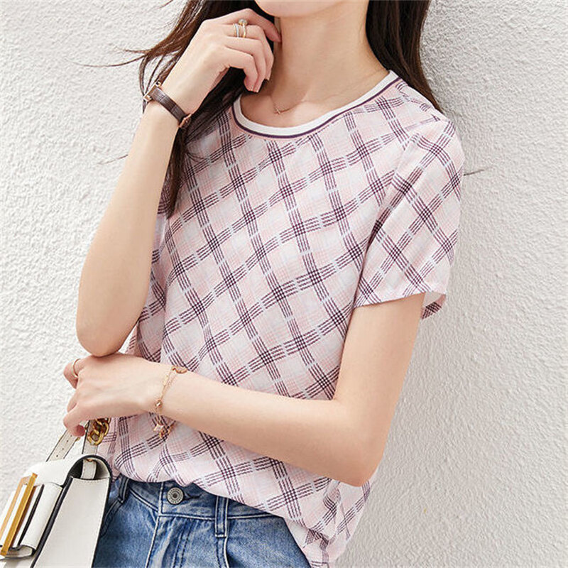 Women Spring Summer Style blouses Shirts Lady Casual Short Sleeve O-Neck Plaid Printed Blusas Tops ZZ1831