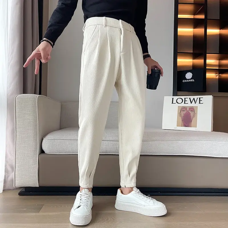 Calças de veludo cônico de veludo masculino, estilo coreano, calças slim fit, cintura elástica, elegante sólido, terno casual, preto, outono, inverno