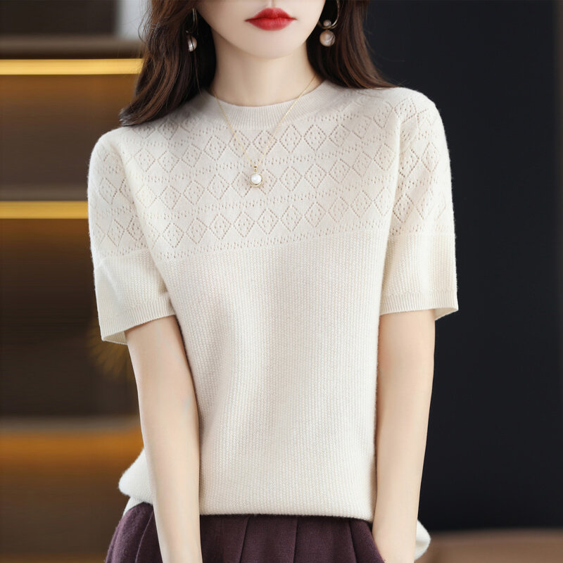 Summer New Wool Knitted Short Sleeve Women's Thin Cut Out Round Neck Pullover Loose Versatile Half Sleeve Short Solid Color Tops