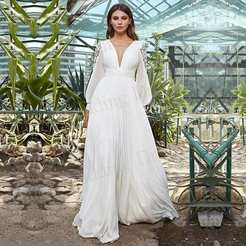 2024 Sexy Generous A Line Women's Wedding Dresses Lace Up Appliques Bride Gowns Simple Long Sleeve Chiffon Beach Robe De Mariée