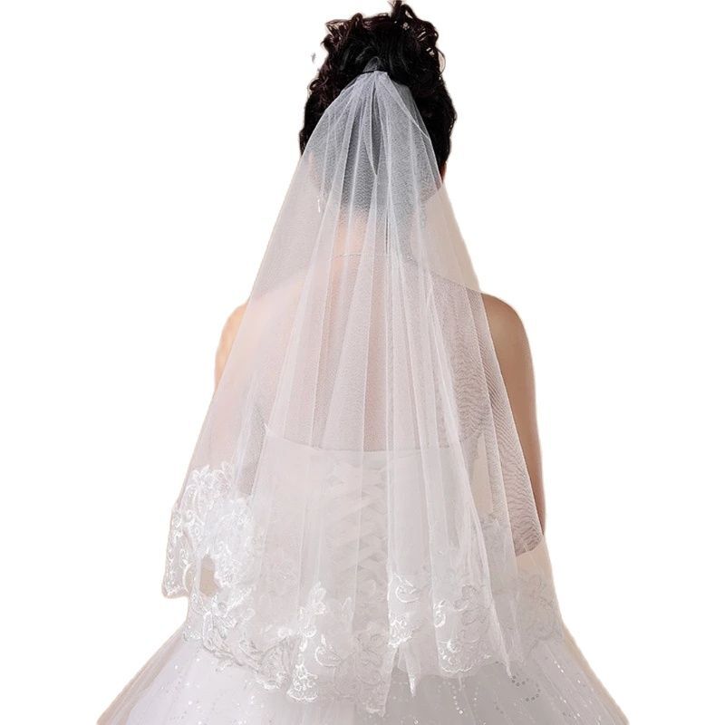 Véu De Casamento Curto Para Mulheres, Véu De Noiva, Uma Camada De Renda, Borda Flor, Apliques, Branco