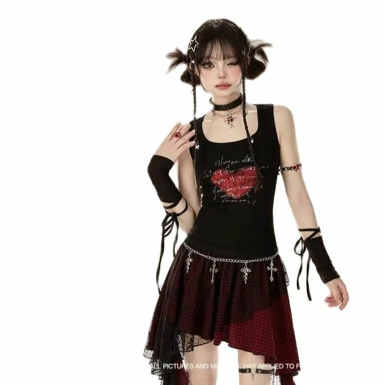 Nieregularna elegancka spódnica Y2K japońska słodka chłodna szyk zaprojektowana ciemna Harajuku Punk estetyczna łatka w kratę moda Vintage damska spódnica