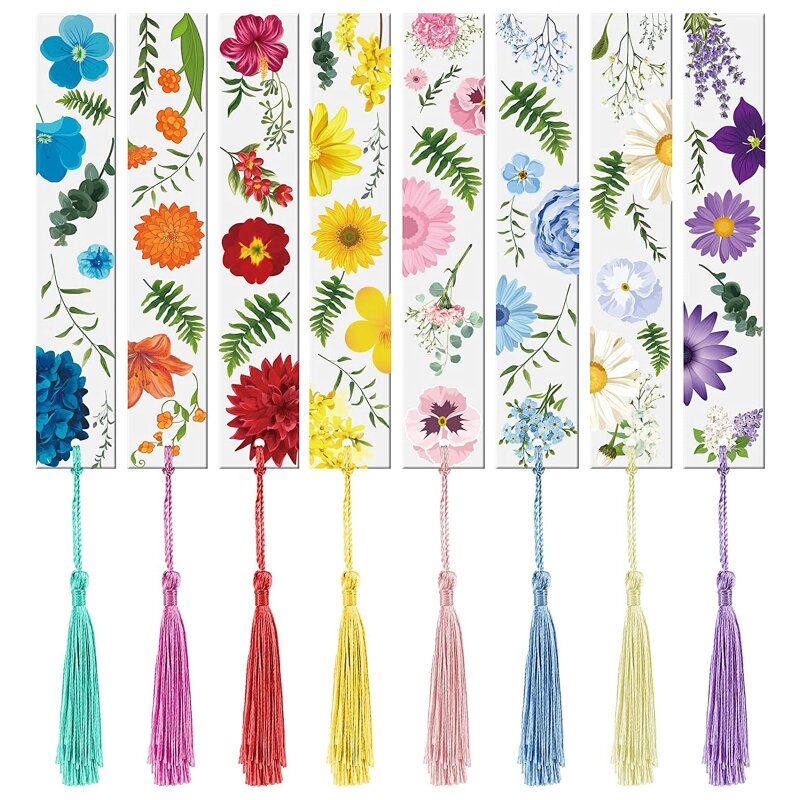 8PC Colorful Flower Acrylic Bookmarks Transparent Floral Page Marker Book Markers with Tassels for Reader Writer Student