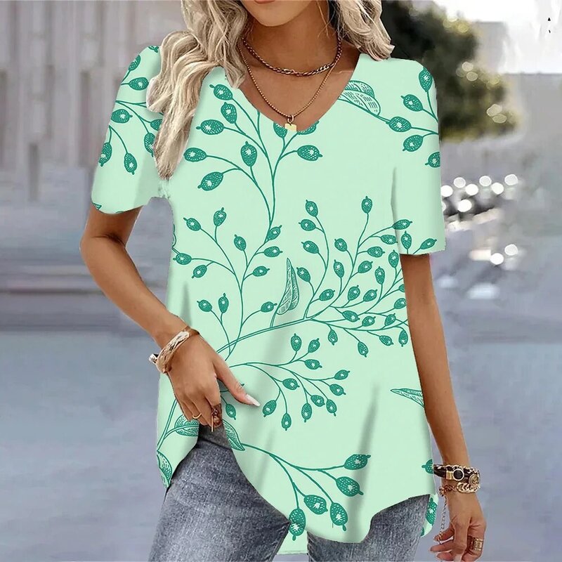 3D V-neck Short Sleeves Tops Fashion Floral Print Women Tee Shirts Elegant Breathable Casual T-shirts Summer Pullovers Oversized